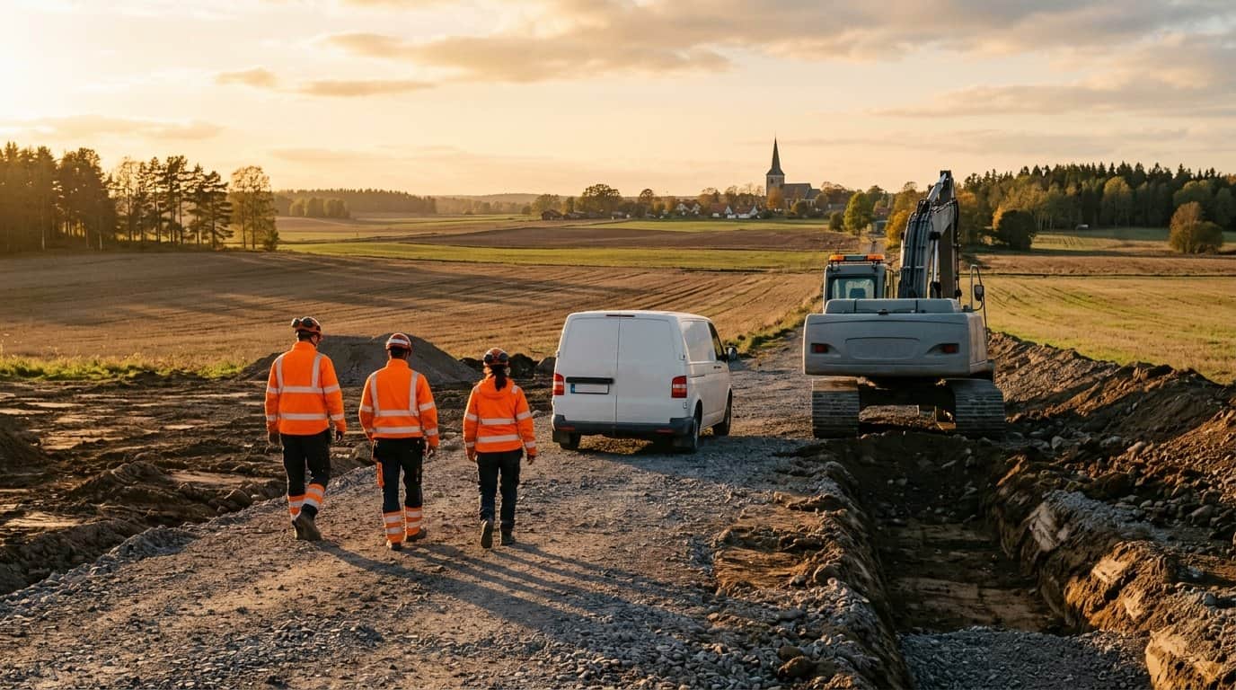 Tre personer i varselkläder går mot en vit skåpbil vid ett schakt. En grävmaskin står bredvid, och längre bort syns ett kyrktorn.