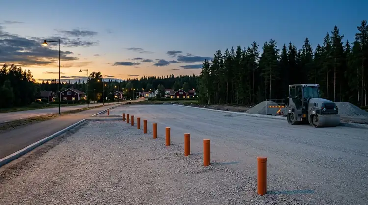 En packad grusyta med en rad orange rör som sticker upp ur marken. En vält står vid kanten.