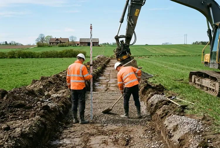 Två personer i varselkläder i ett schakt. Den ena håller en avvägningsstång, den andra jämnar gruset med en spade.