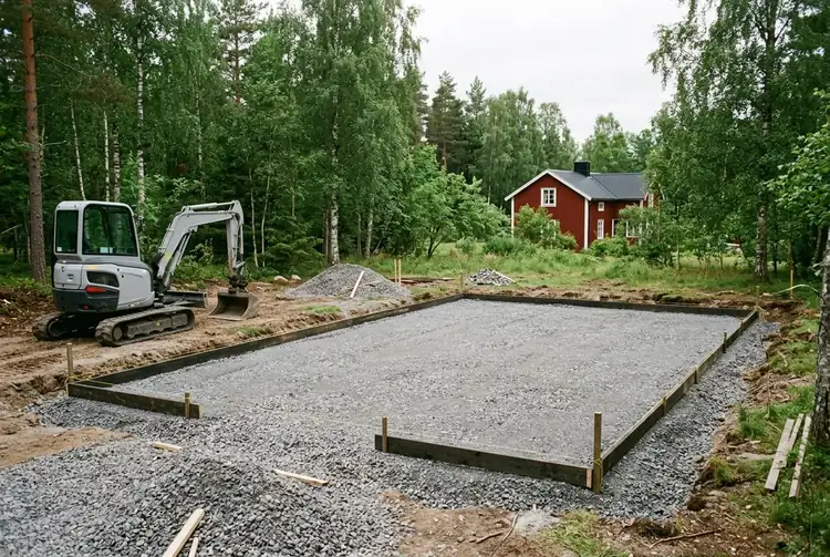 En packad makadambädd inramad av formbrädor, med en minigrävare bredvid och ett rött hus bland träden bakom.