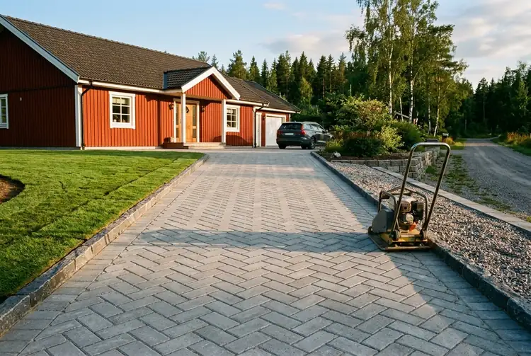 En uppfart av betongsten i fiskbensmönster framför en röd villa, med kantsten och en markvibrator vid kanten.