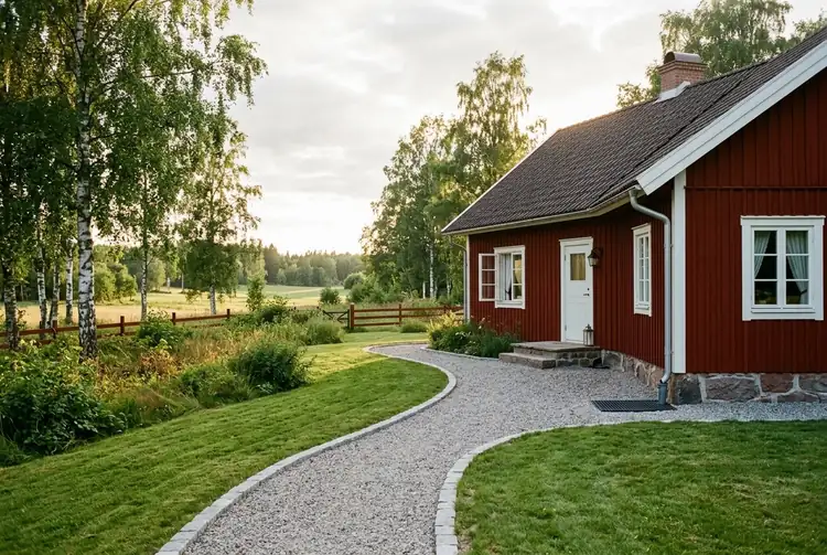 En grusgång med kantsten fram till ett rött trähus med vita knutar.