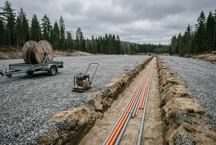 Ett rakt schakt i en grusplan med orange och grå rör i botten, en kabeltrumma på släp och en markvibrator bredvid.