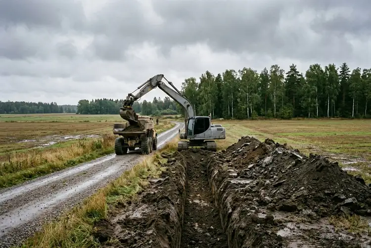 En grävmaskin gräver ett långt schakt längs en grusväg, med en dumper bredvid och åker och skog runt om.
